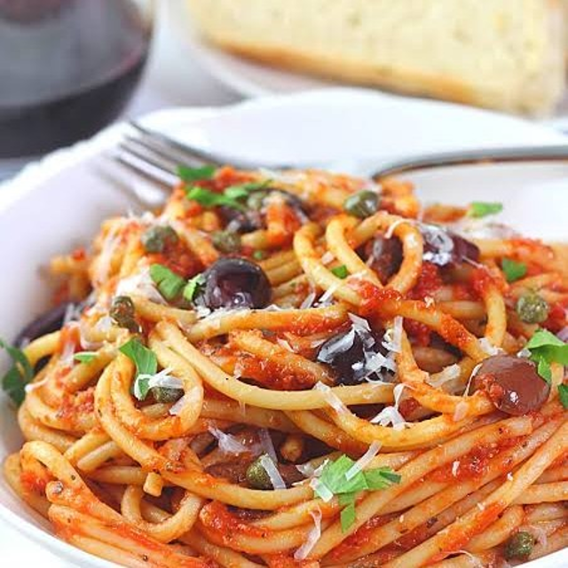 Homemade Bucatini Puttanesca.