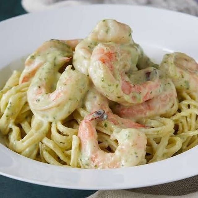 Fettucine Shrimp Pesto Cream.