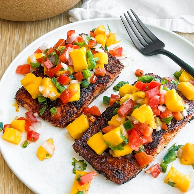Blackened Salmon with Mango Salsa.