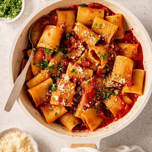 Paccheri Pasta with Chicken Cacciatore.